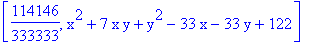 [114146/333333, x^2+7*x*y+y^2-33*x-33*y+122]